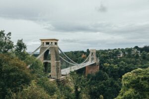 Iconic Clifton suspension bridge shot surrounded by trees