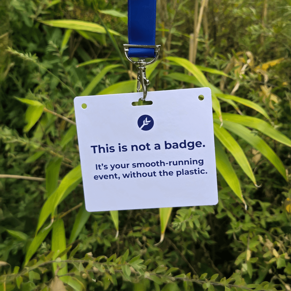 Tailored sustainability shown with a paper badge and RPET lanyard